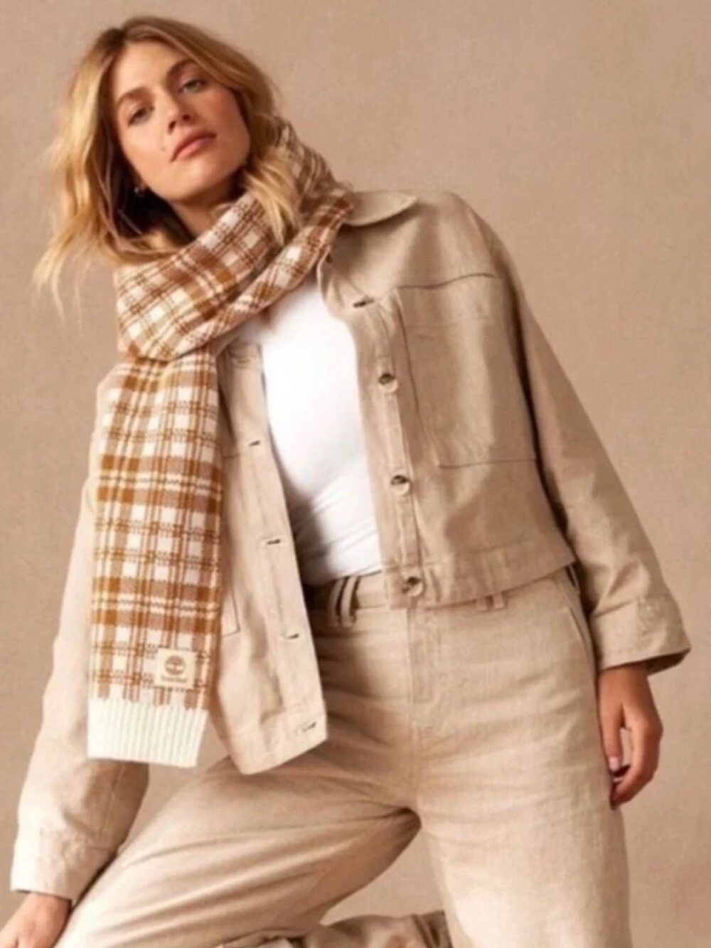 Timberland Plaid Knit Scarf Off-White Caramel Colors